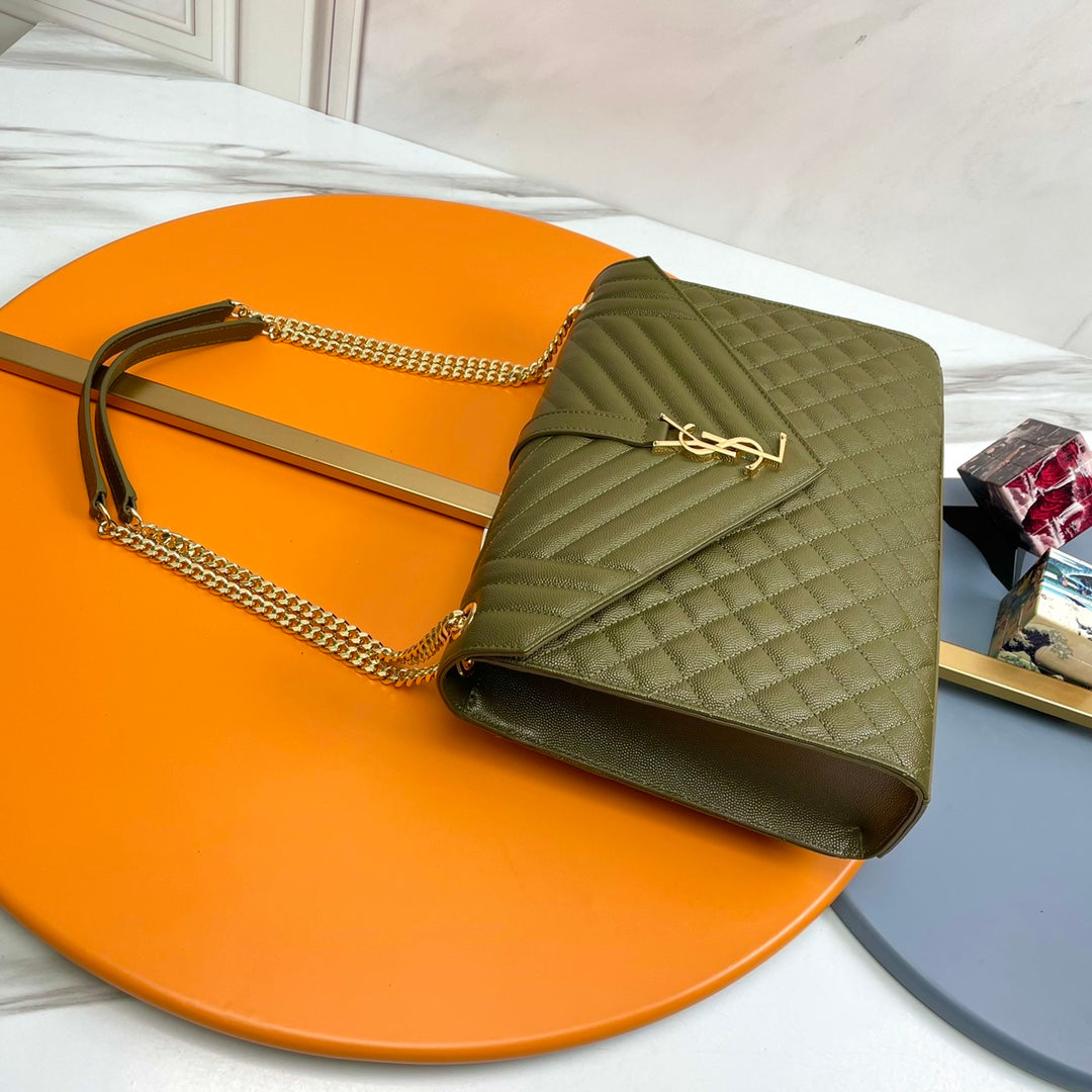Saint Laurent YSL Envelope Medium Bag in Quilted Olive Green Leather