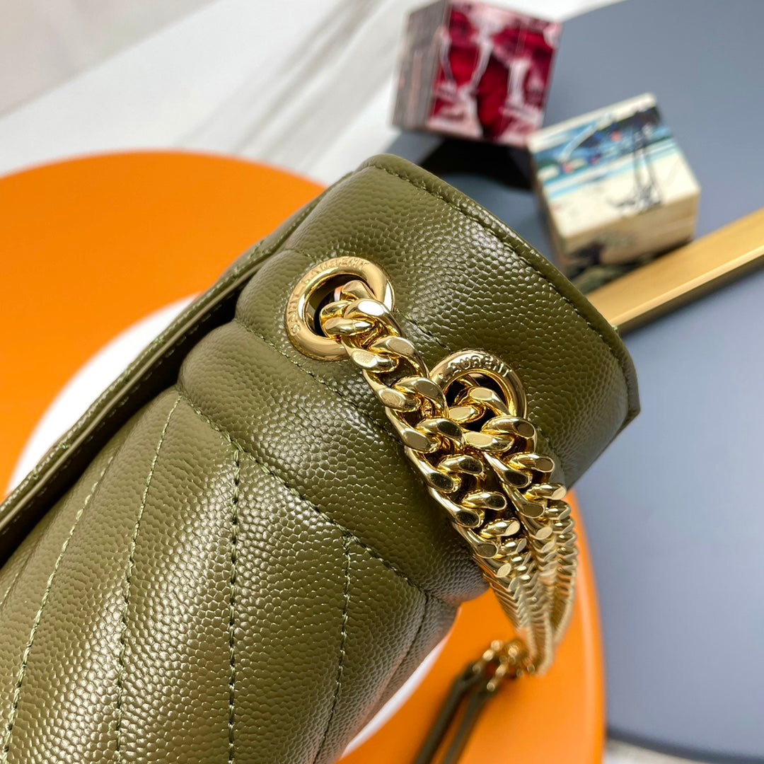 Saint Laurent YSL Envelope Medium Bag in Quilted Olive Green Leather