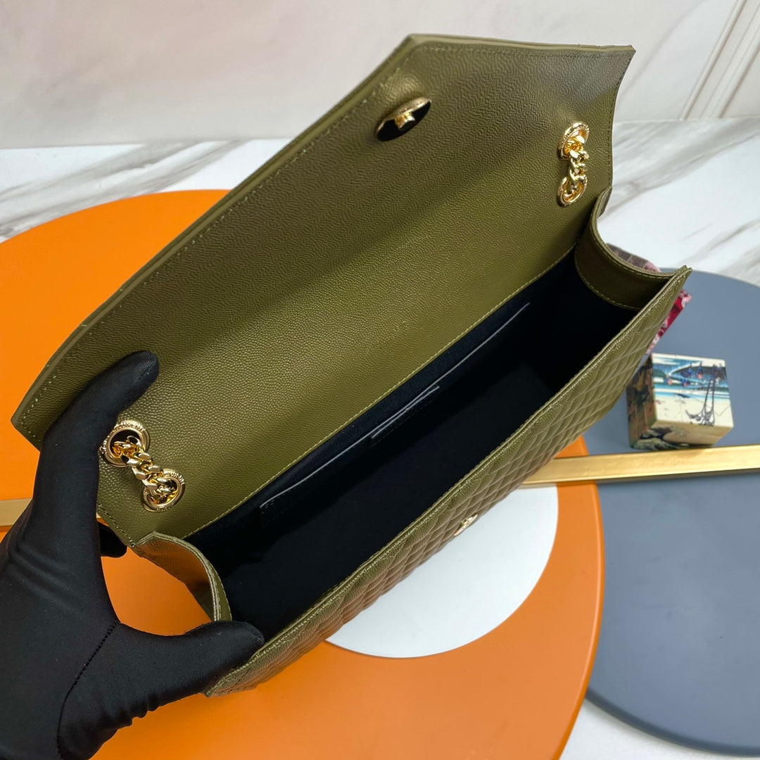 Saint Laurent YSL Envelope Medium Bag in Quilted Olive Green Leather