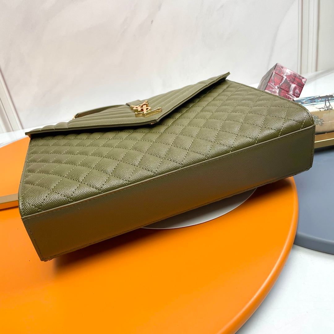 Saint Laurent YSL Envelope Medium Bag in Quilted Olive Green Leather