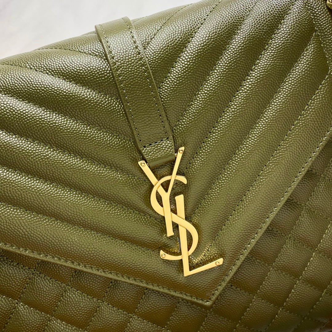 Saint Laurent YSL Envelope Medium Bag in Quilted Olive Green Leather