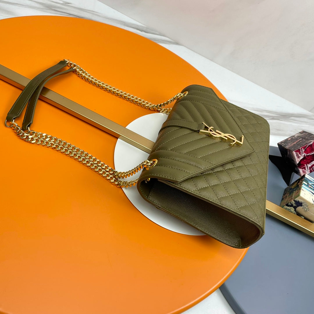 Saint Laurent Envelope Medium Quilted Leather Shoulder Bag - Olive Green
