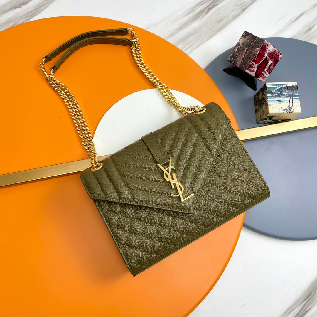 Saint Laurent Envelope Medium Quilted Leather Shoulder Bag - Olive Green