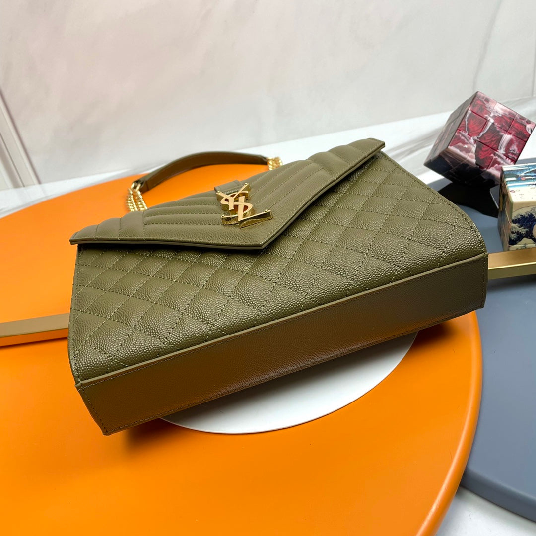 Saint Laurent Envelope Medium Quilted Leather Shoulder Bag - Olive Green