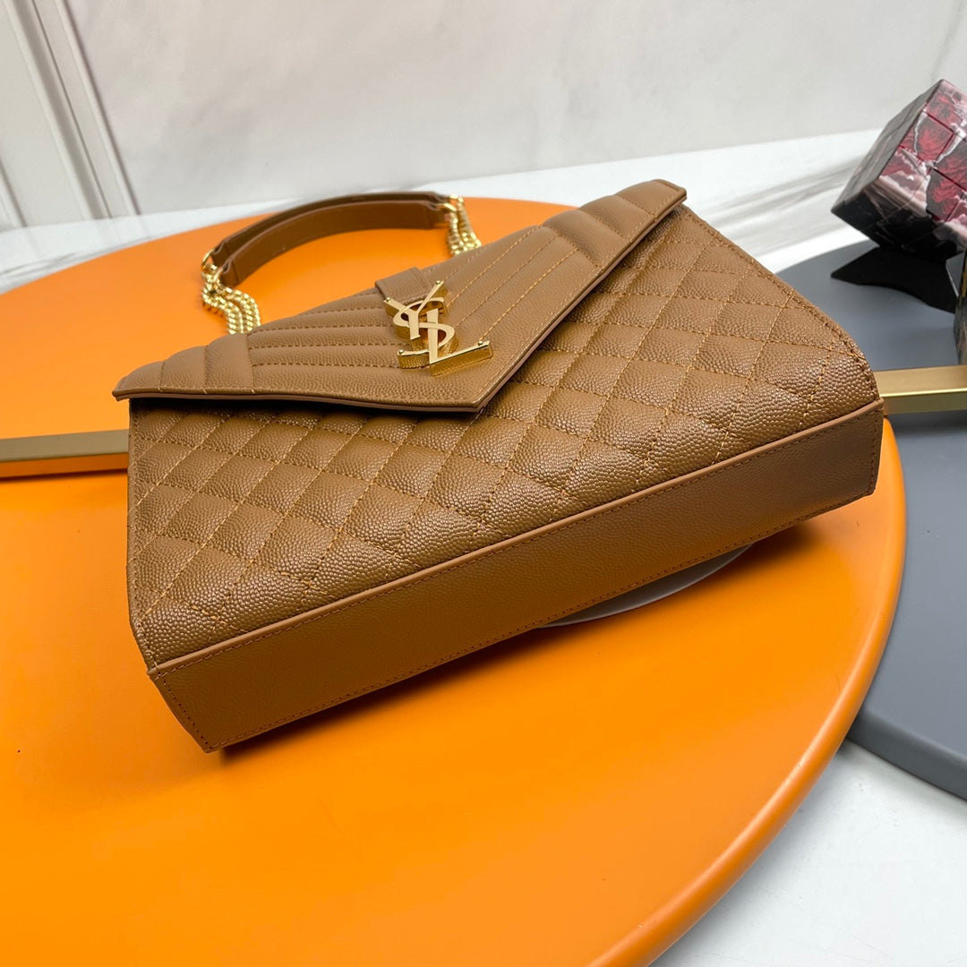 Saint Laurent Envelope Medium Bag in Quilted Grain de Poudre Embossed Leather - Dark Beige