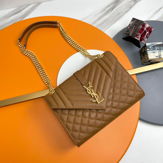 Saint Laurent Envelope Medium Bag in Quilted Grain de Poudre Embossed Leather - Dark Beige