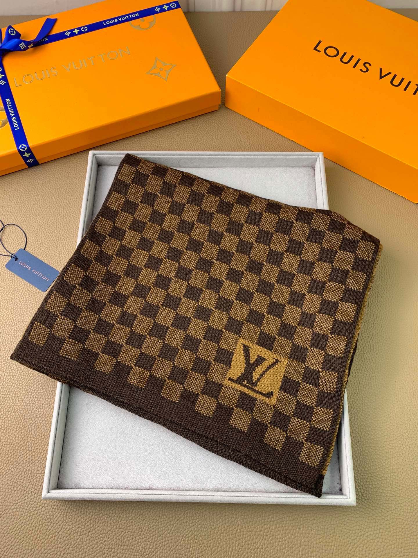 Louis Vuitton Damier Ebene Brown Checkered Scarf with LV Logo and Presentation Box