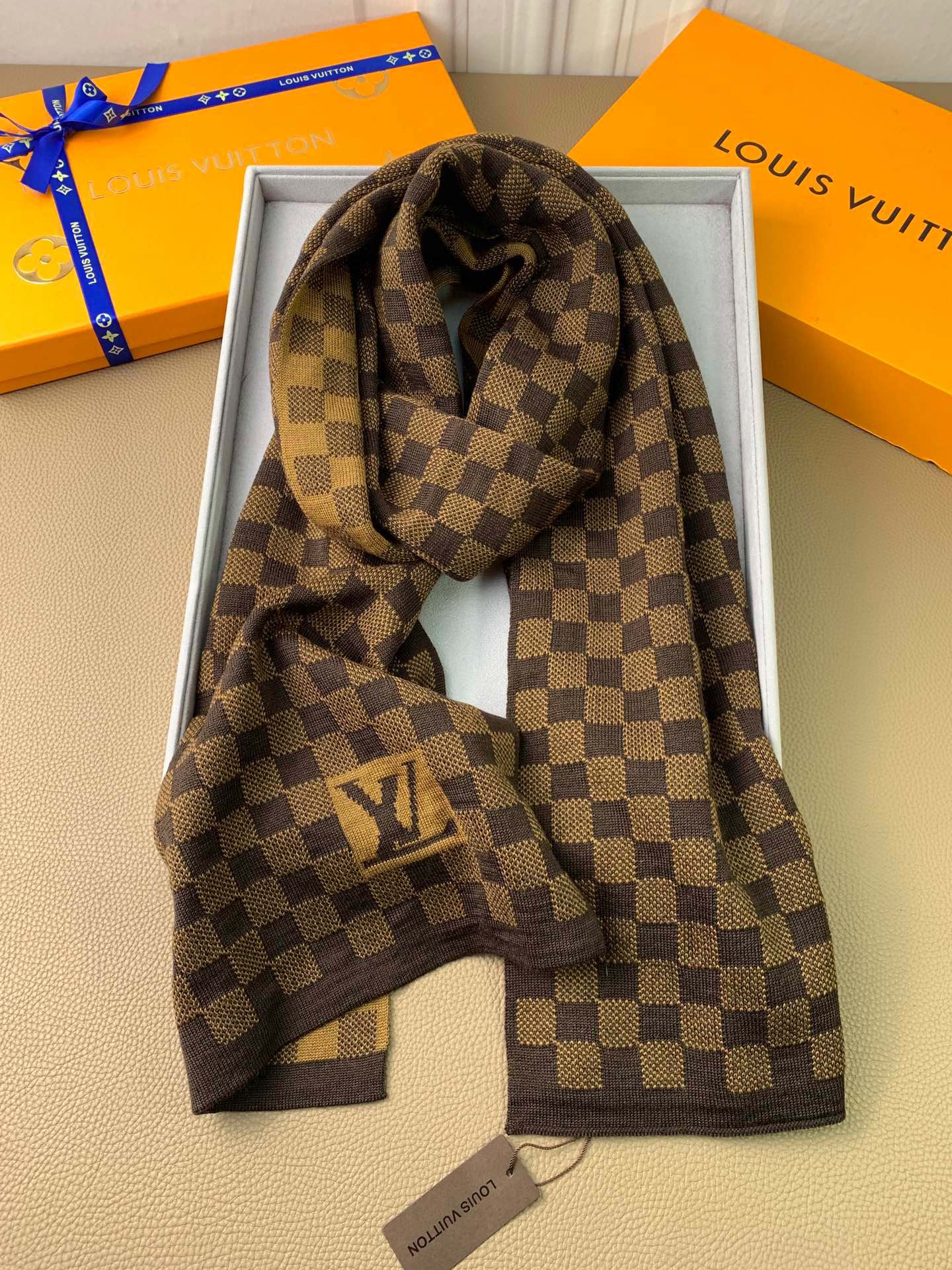 Louis Vuitton Damier Ebene Brown Checkered Scarf with LV Logo and Presentation Box
