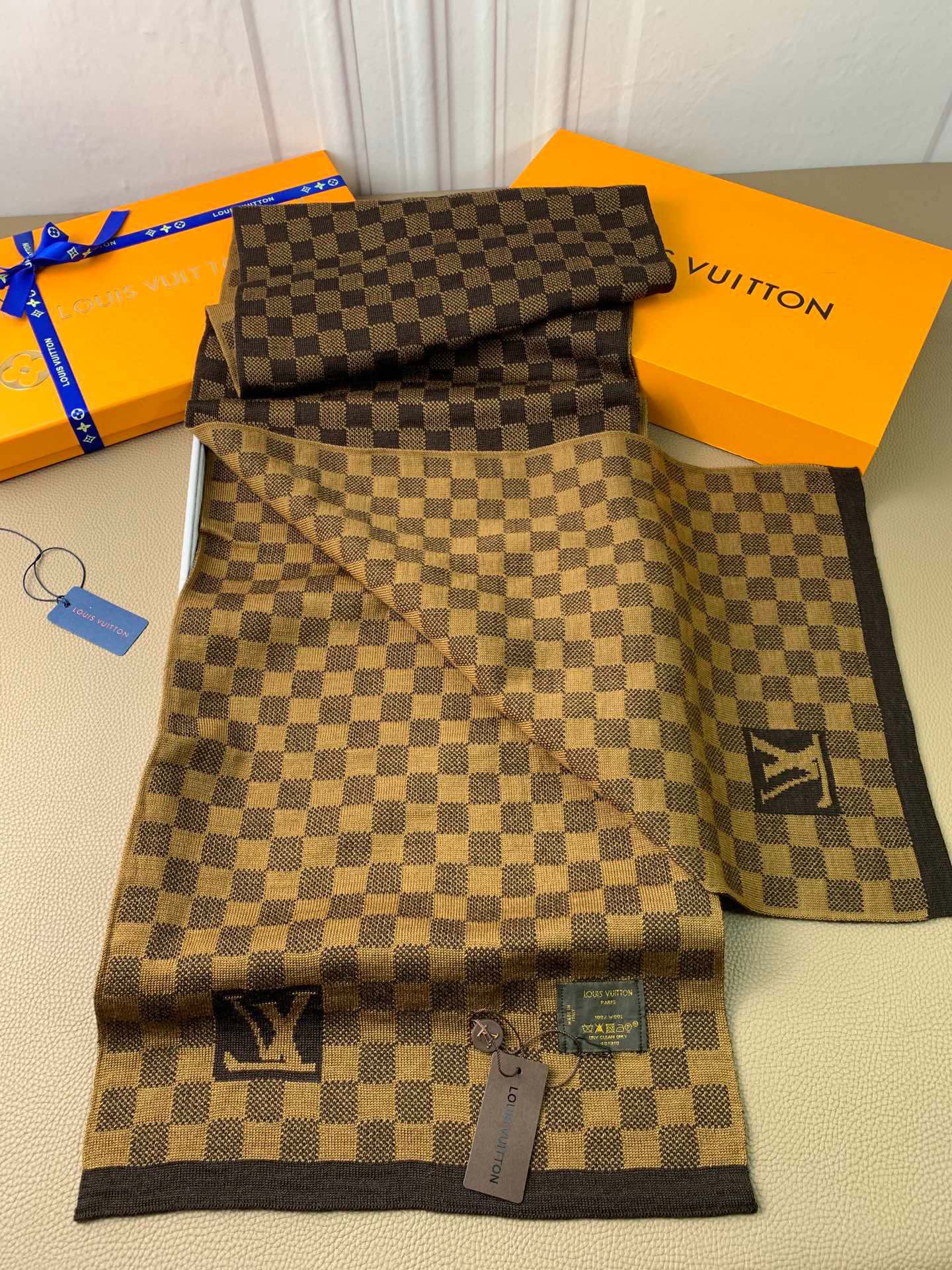 Louis Vuitton Damier Ebene Brown Checkered Scarf with LV Logo and Presentation Box