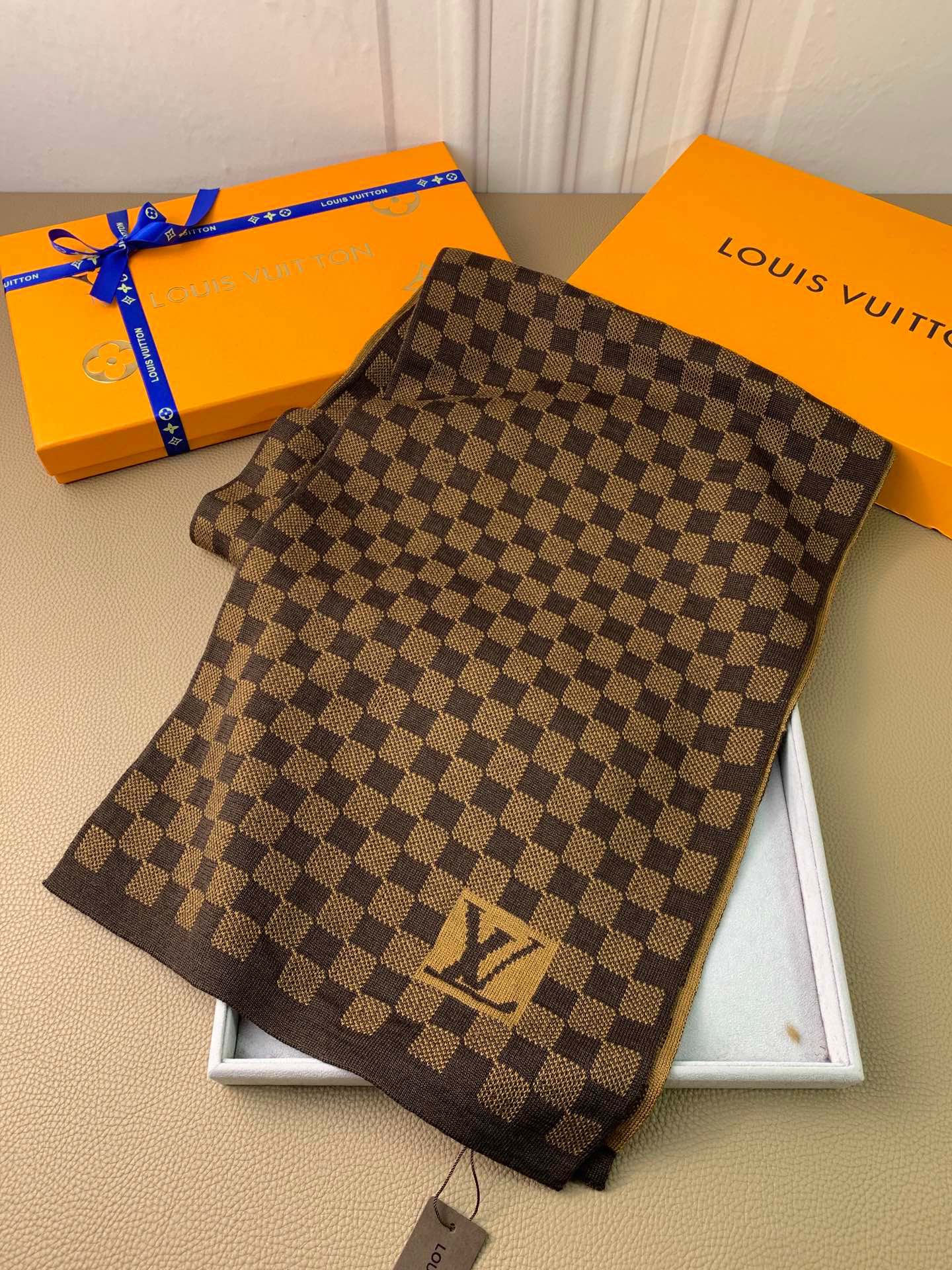 Louis Vuitton Damier Ebene Brown Checkered Scarf with LV Logo and Presentation Box