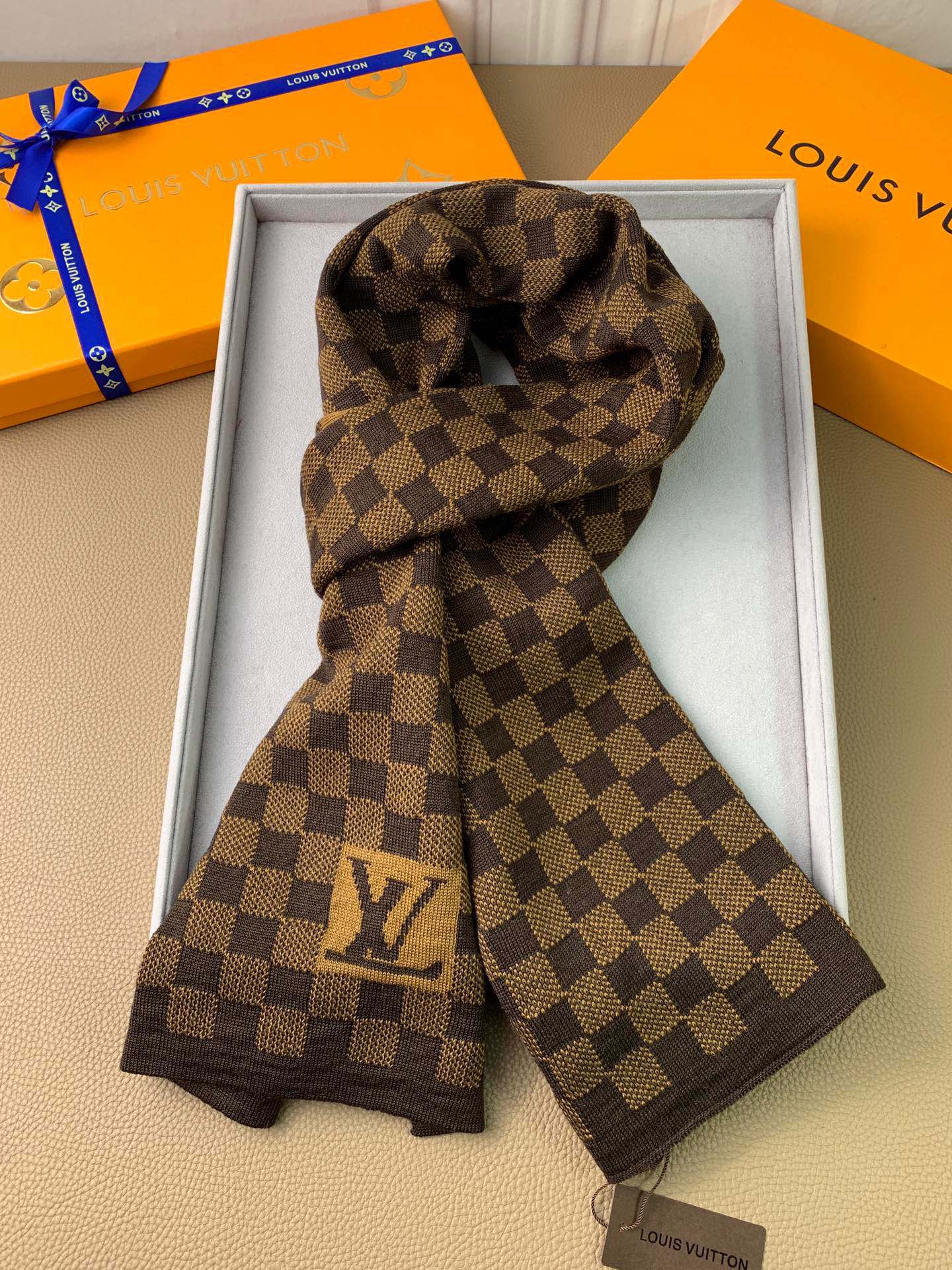 Louis Vuitton Damier Ebene Brown Checkered Scarf with LV Logo and Presentation Box