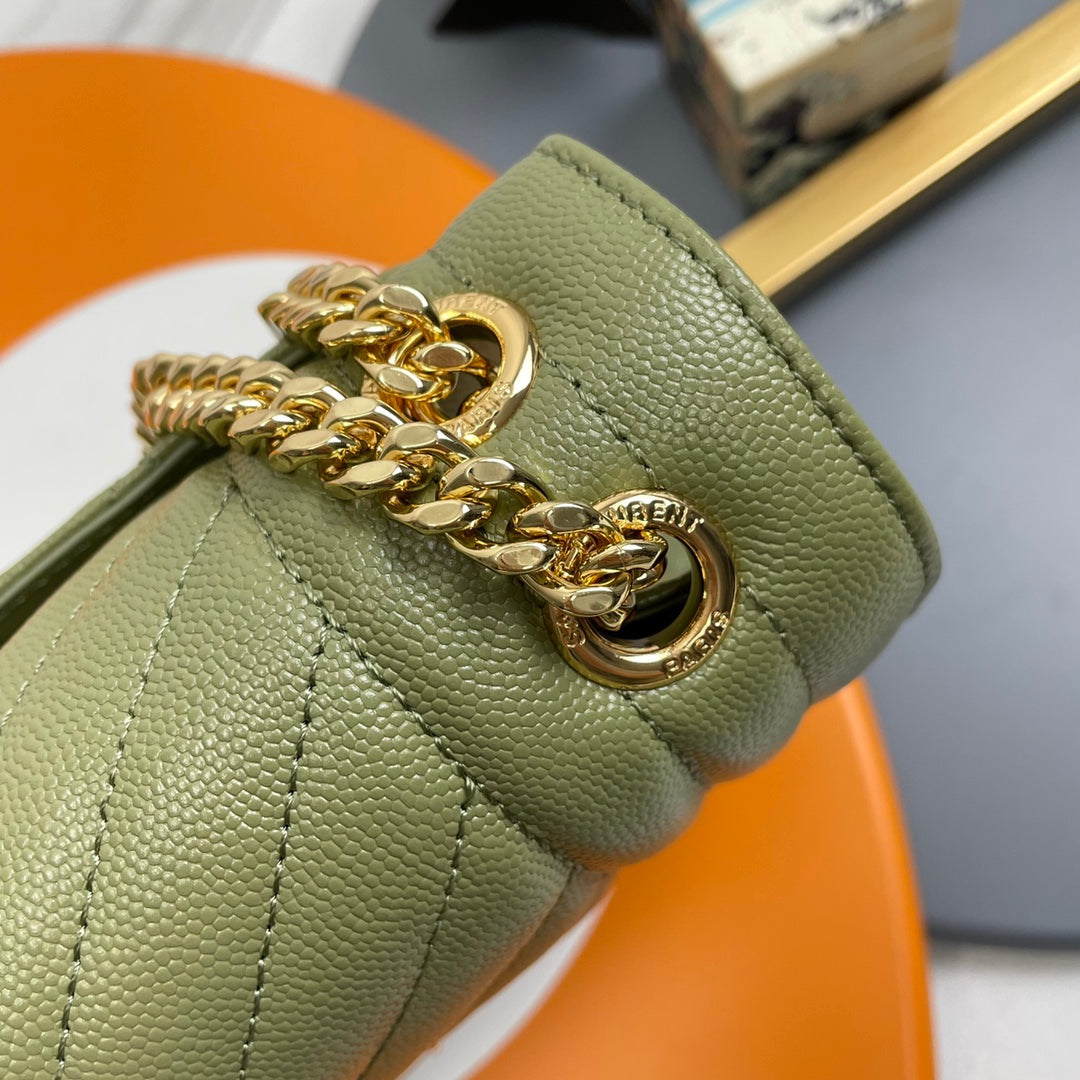 Saint Laurent Envelope Bag in Mix Matelassé Grain de Poudre Leather - Olive Green