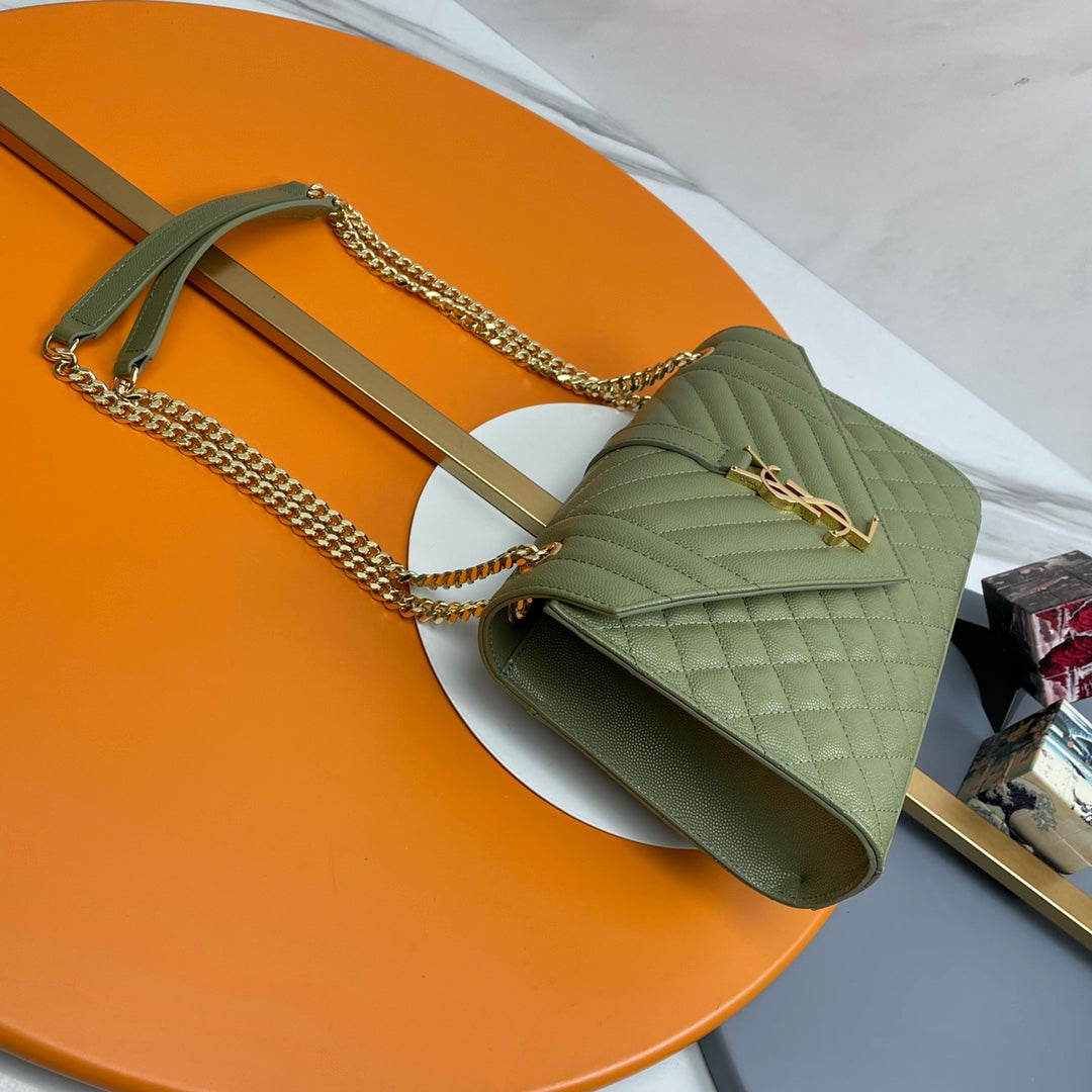 Saint Laurent Envelope Bag in Mix Matelassé Grain de Poudre Leather - Olive Green