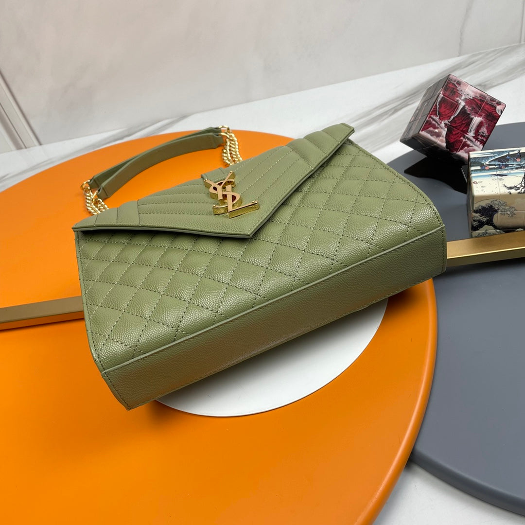 Saint Laurent Envelope Bag in Mix Matelassé Grain de Poudre Leather - Olive Green