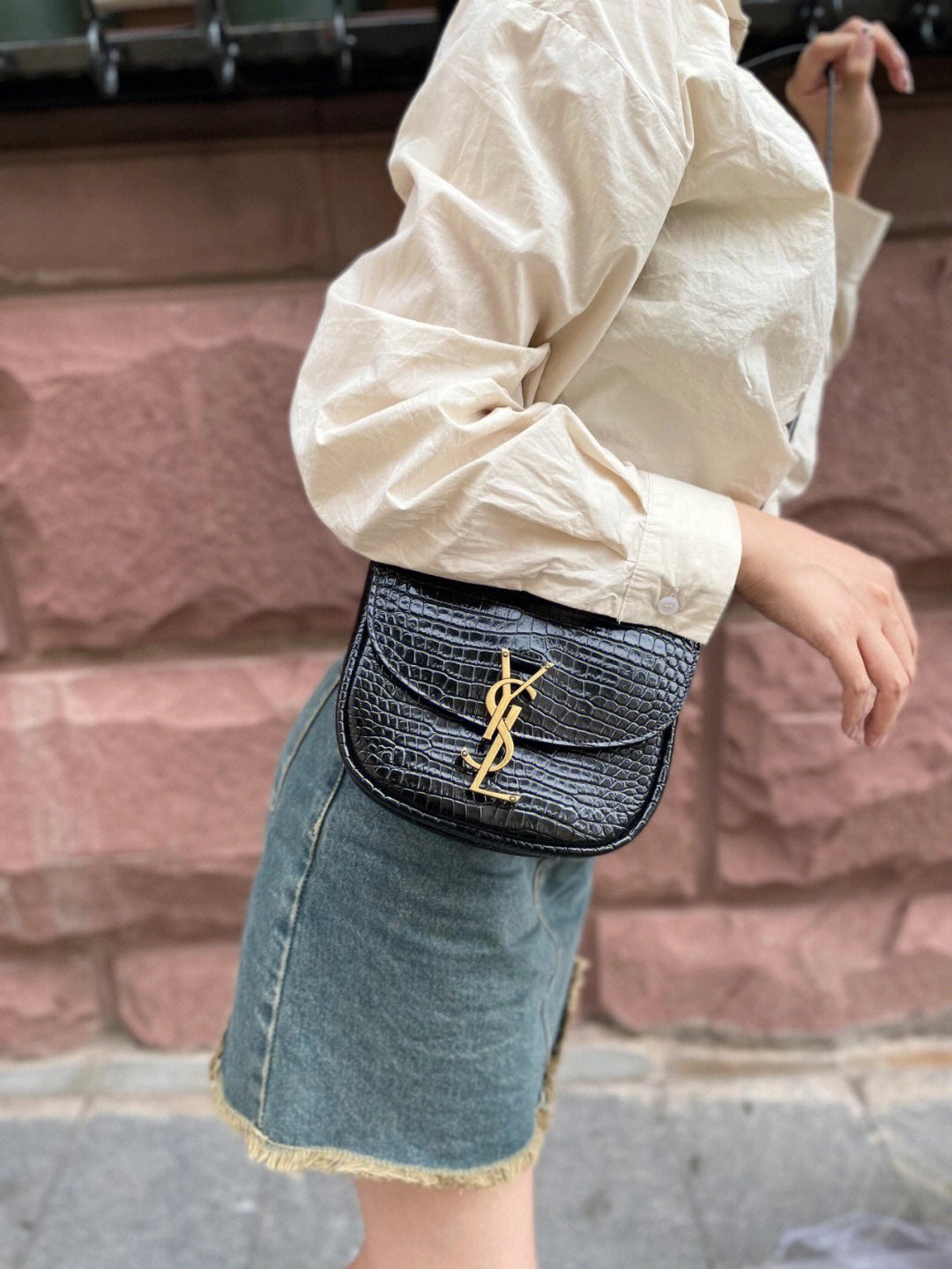 Saint Laurent Small Kaia Crossbody Bag - Black Crocodile-Embossed Leather