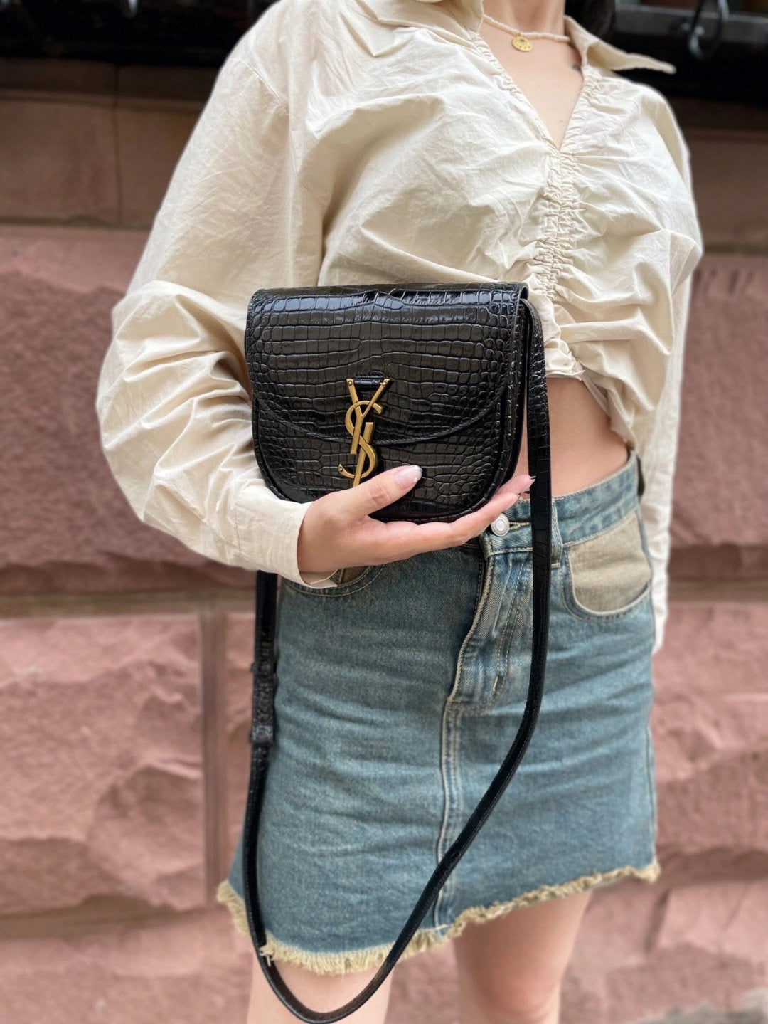 Saint Laurent Small Kaia Crossbody Bag - Black Crocodile-Embossed Leather