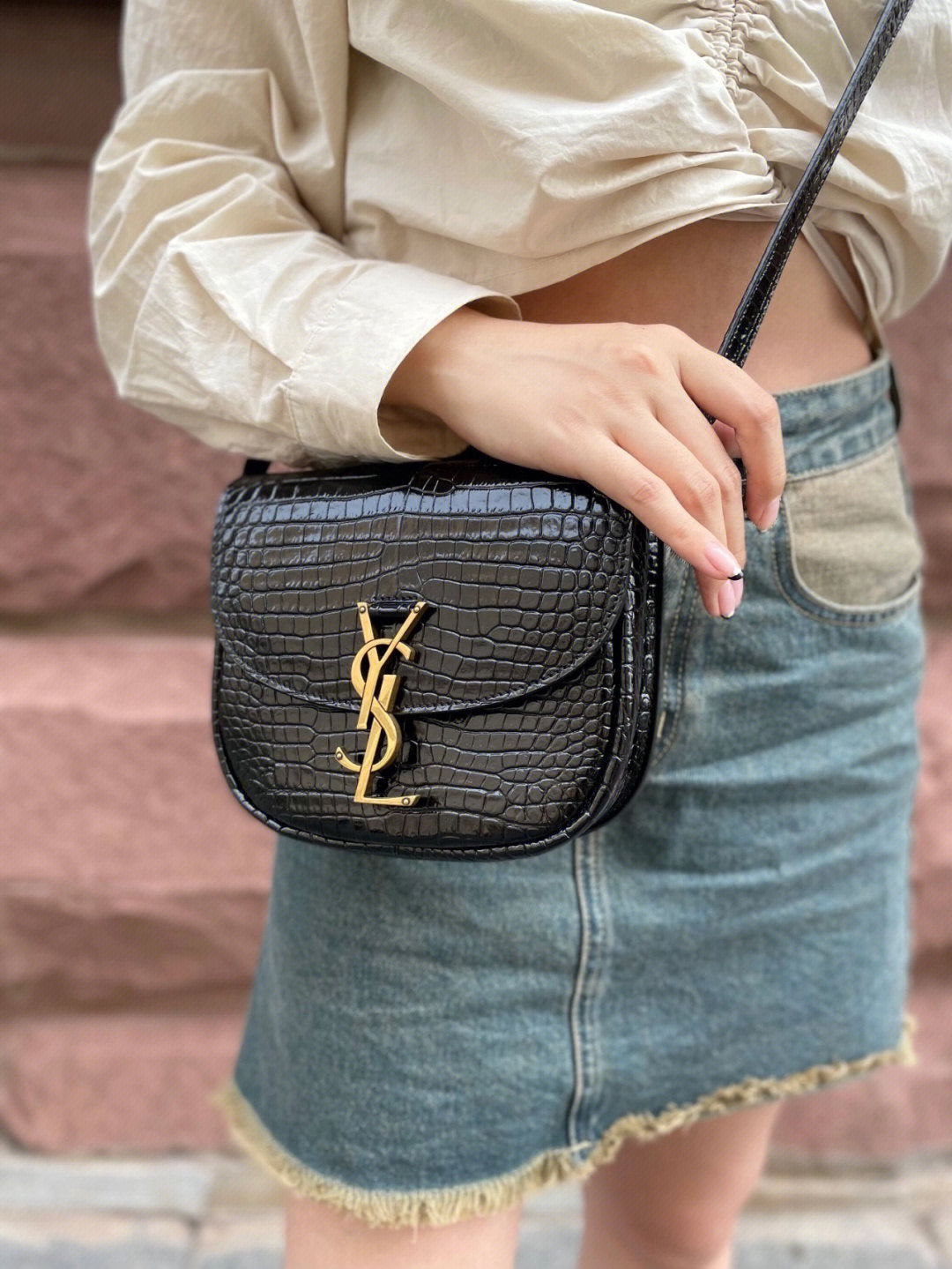 Saint Laurent Small Kaia Crossbody Bag - Black Crocodile-Embossed Leather