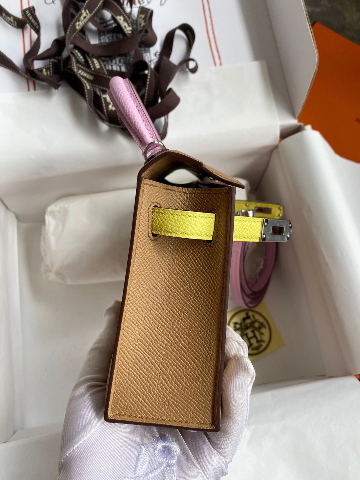 Hermès Tri-Color Kelly Sellier Handbag - Brown, Yellow, and Pink with Silver Hardware