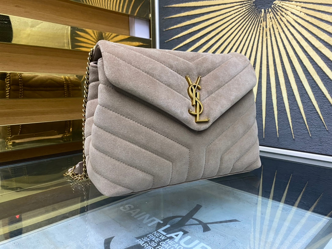 Saint Laurent Small Loulou Suede Shoulder Bag - Beige