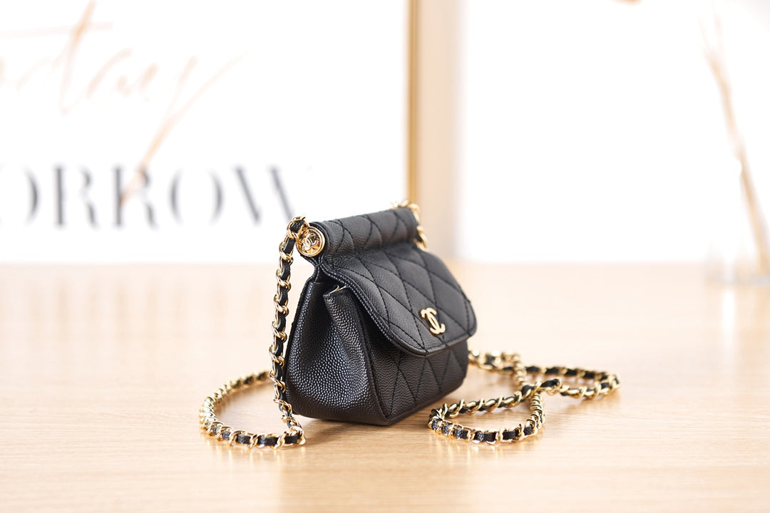 Chanel Quilted Mini Flap Bag - Black Lambskin with Gold-Tone Chain Strap