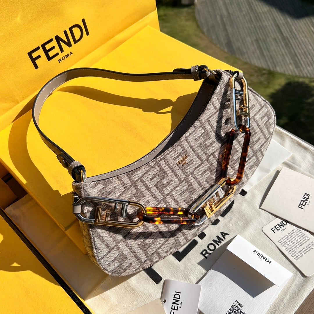 Fendi O'Lock Swing Brown Fabric Bag with FF Motif