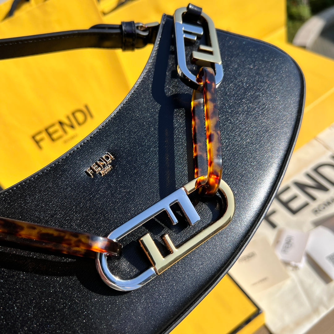 Fendi O'Lock Swing Black Leather Bag with Tortoiseshell and Metal Chain