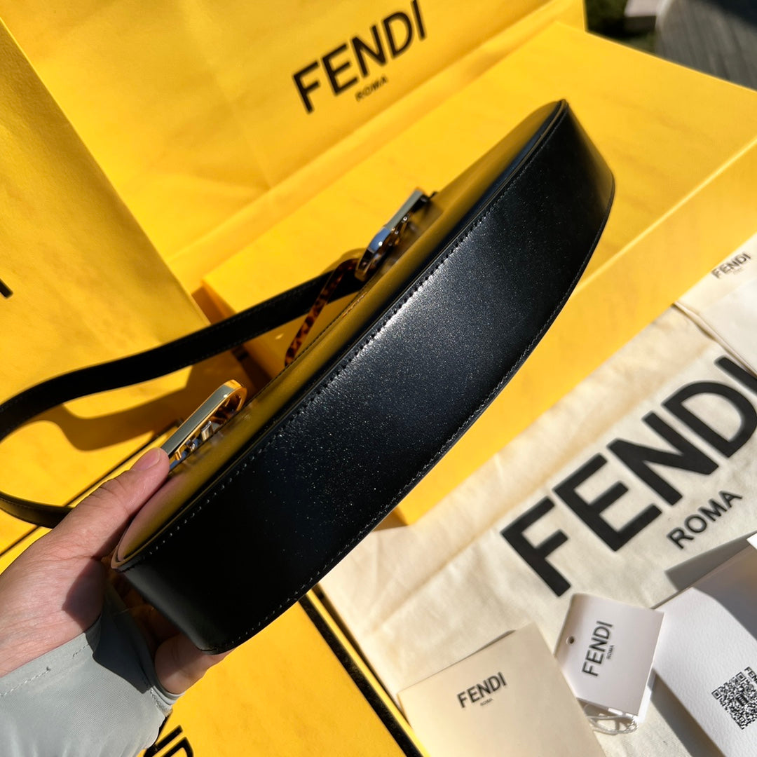 Fendi O'Lock Swing Black Leather Bag with Tortoiseshell and Metal Chain