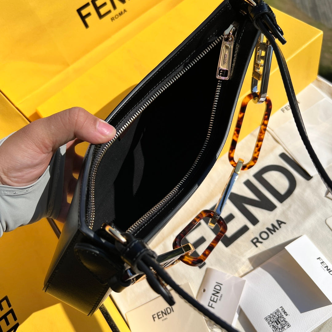 Fendi O'Lock Swing Black Leather Bag with Tortoiseshell and Metal Chain