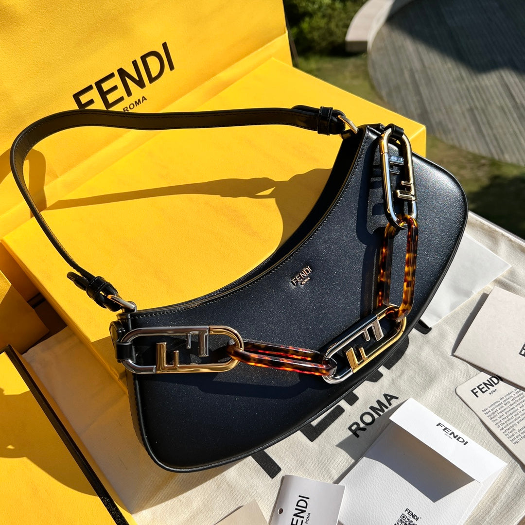 Fendi O'Lock Swing Black Leather Bag with Tortoiseshell and Metal Chain