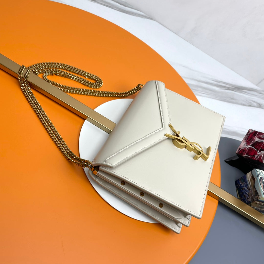 Saint Laurent Cassandra Envelope Chain Bag in Beige Leather with Gold Hardware