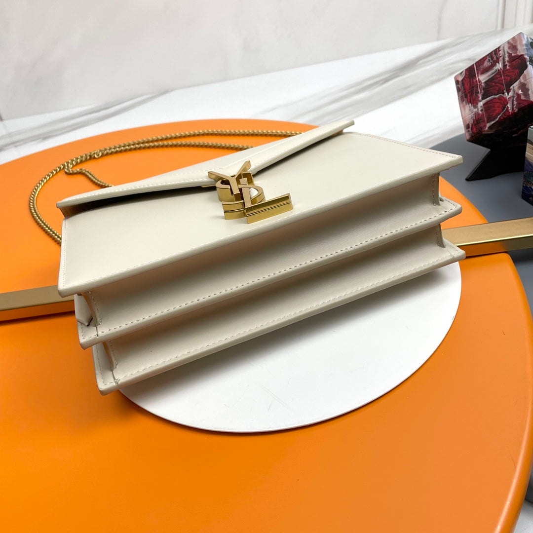 Saint Laurent Cassandra Envelope Chain Bag in Beige Leather with Gold Hardware