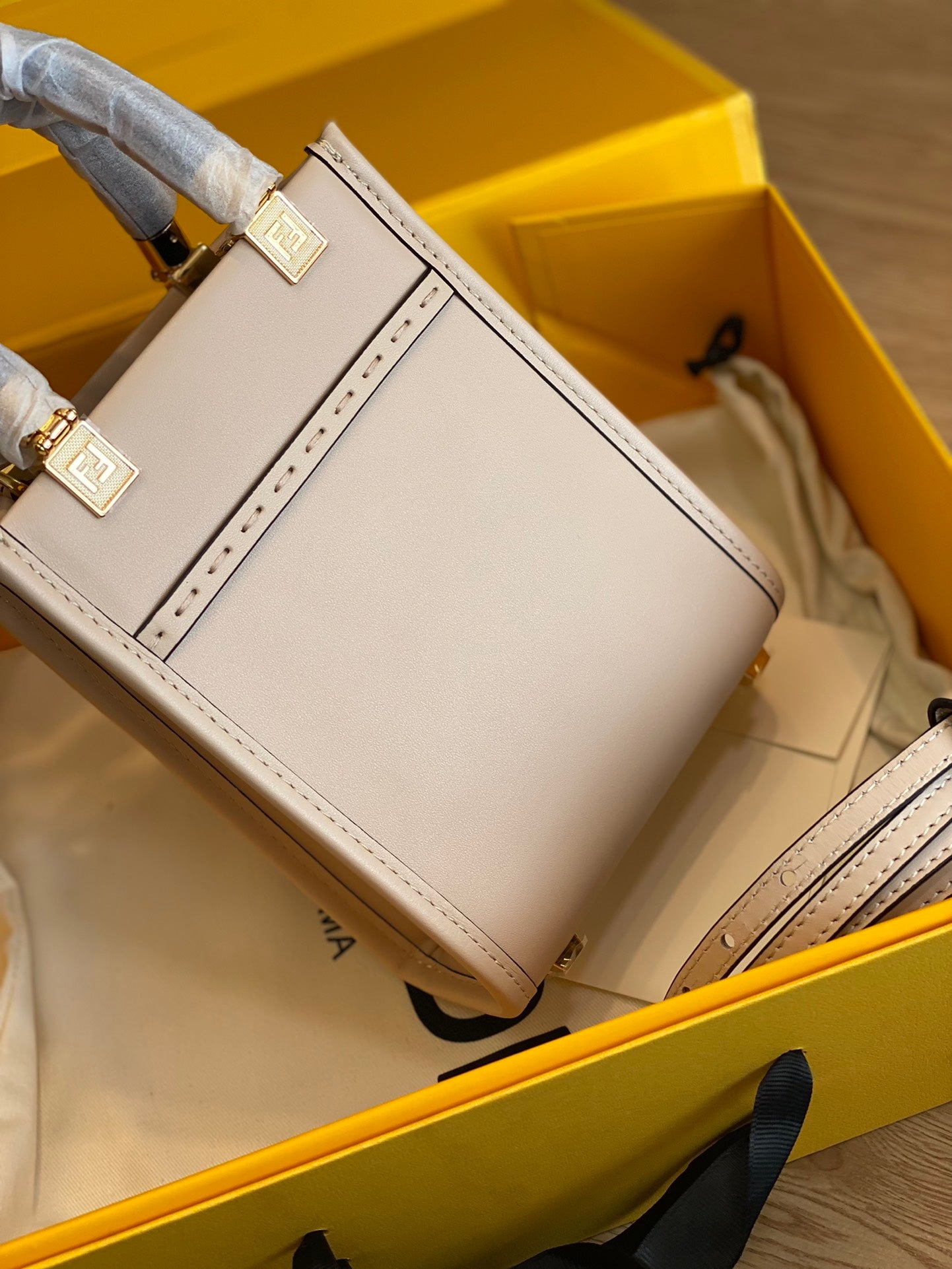 Fendi Sunshine Shopper Mini Bag in Pale Pink Leather with Heat-Stamped Logo