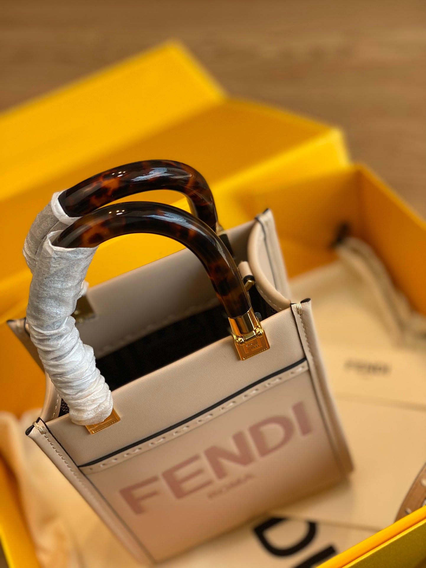 Fendi Sunshine Shopper Mini Bag in Pale Pink Leather with Heat-Stamped Logo