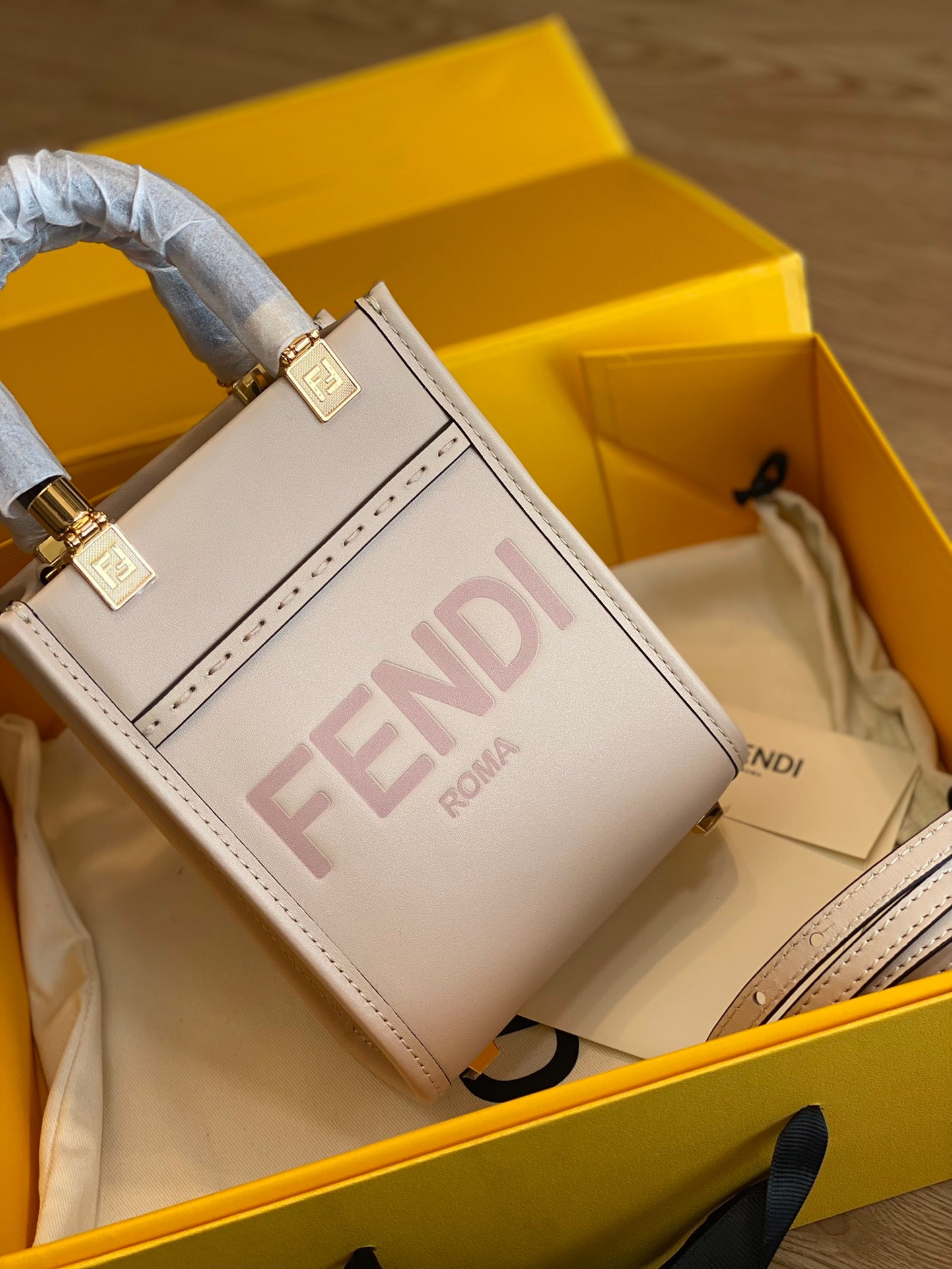 Fendi Sunshine Shopper Mini Bag in Pale Pink Leather with Heat-Stamped Logo
