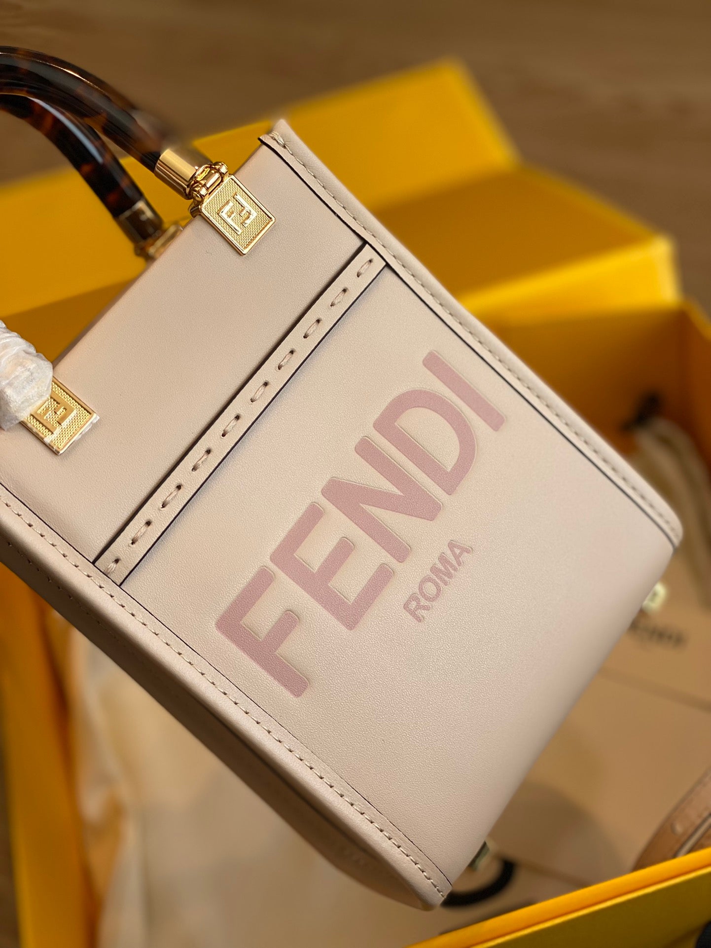 Fendi Sunshine Shopper Mini Bag in Pale Pink Leather with Heat-Stamped Logo