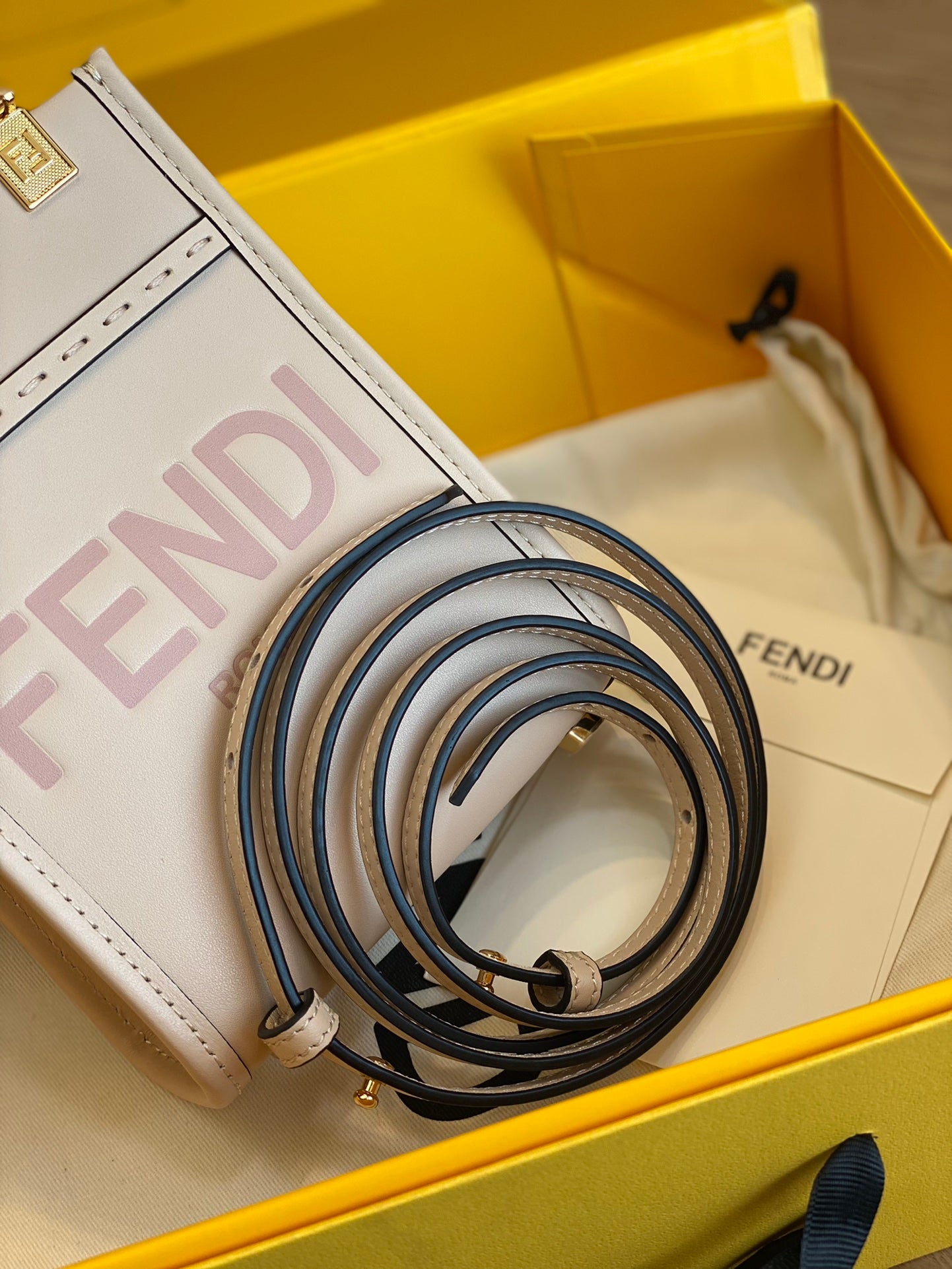 Fendi Sunshine Shopper Mini Bag in Pale Pink Leather with Heat-Stamped Logo