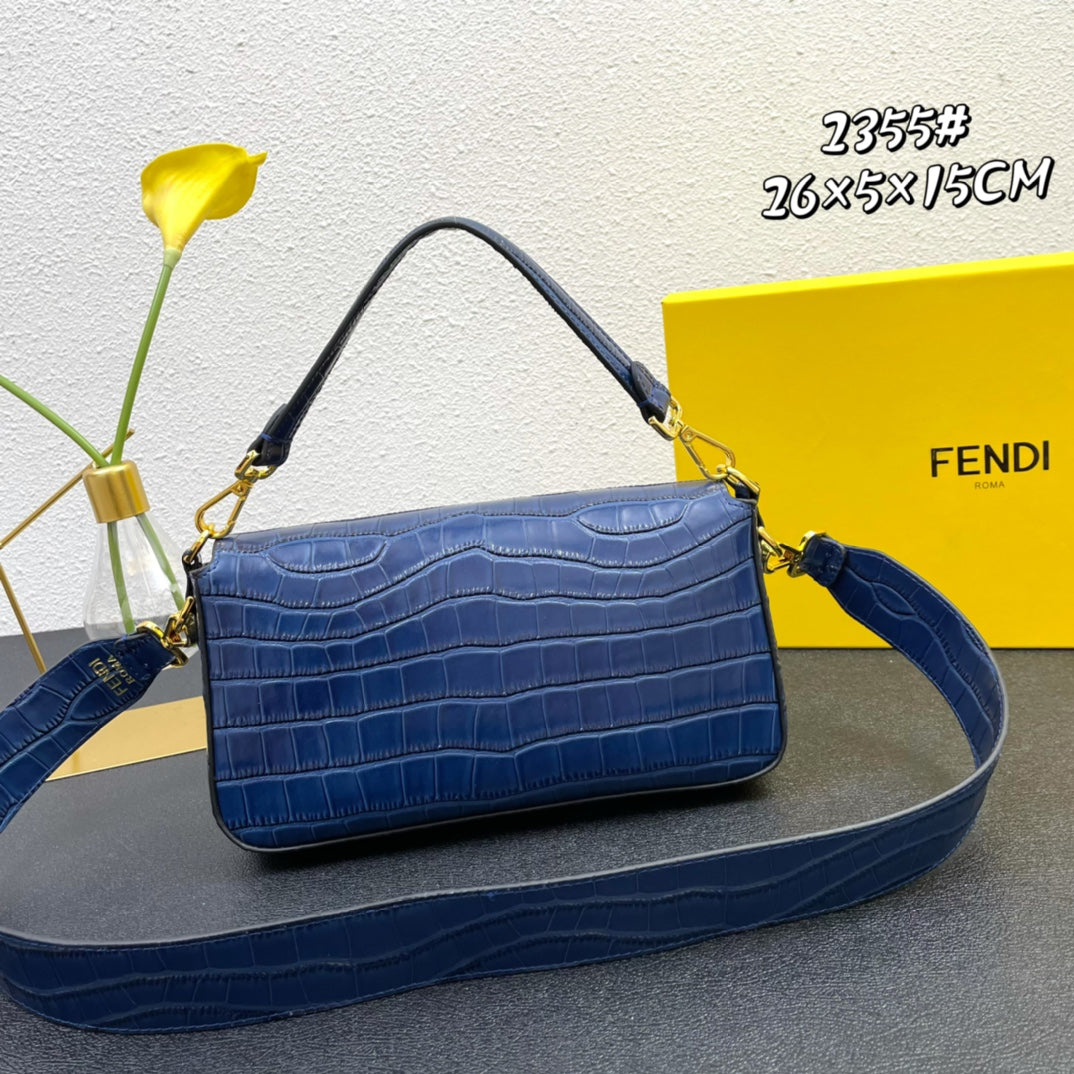Blue Croc-Embossed Leather Baguette Handbag - Fendi Style Shoulder Bag