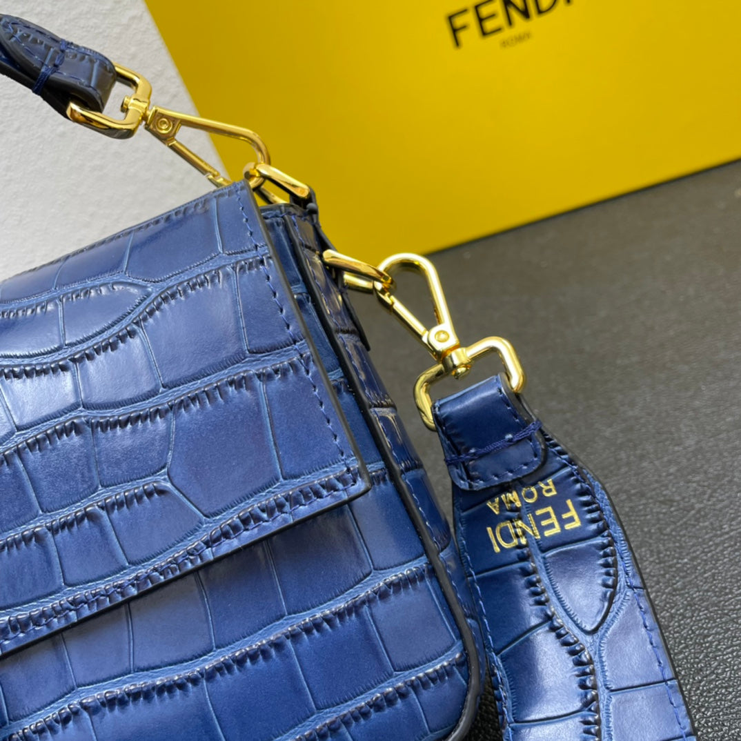 Blue Croc-Embossed Leather Baguette Handbag - Fendi Style Shoulder Bag