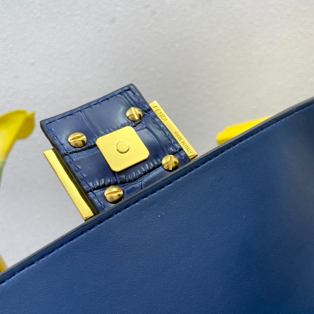 Blue Croc-Embossed Leather Baguette Handbag - Fendi Style Shoulder Bag