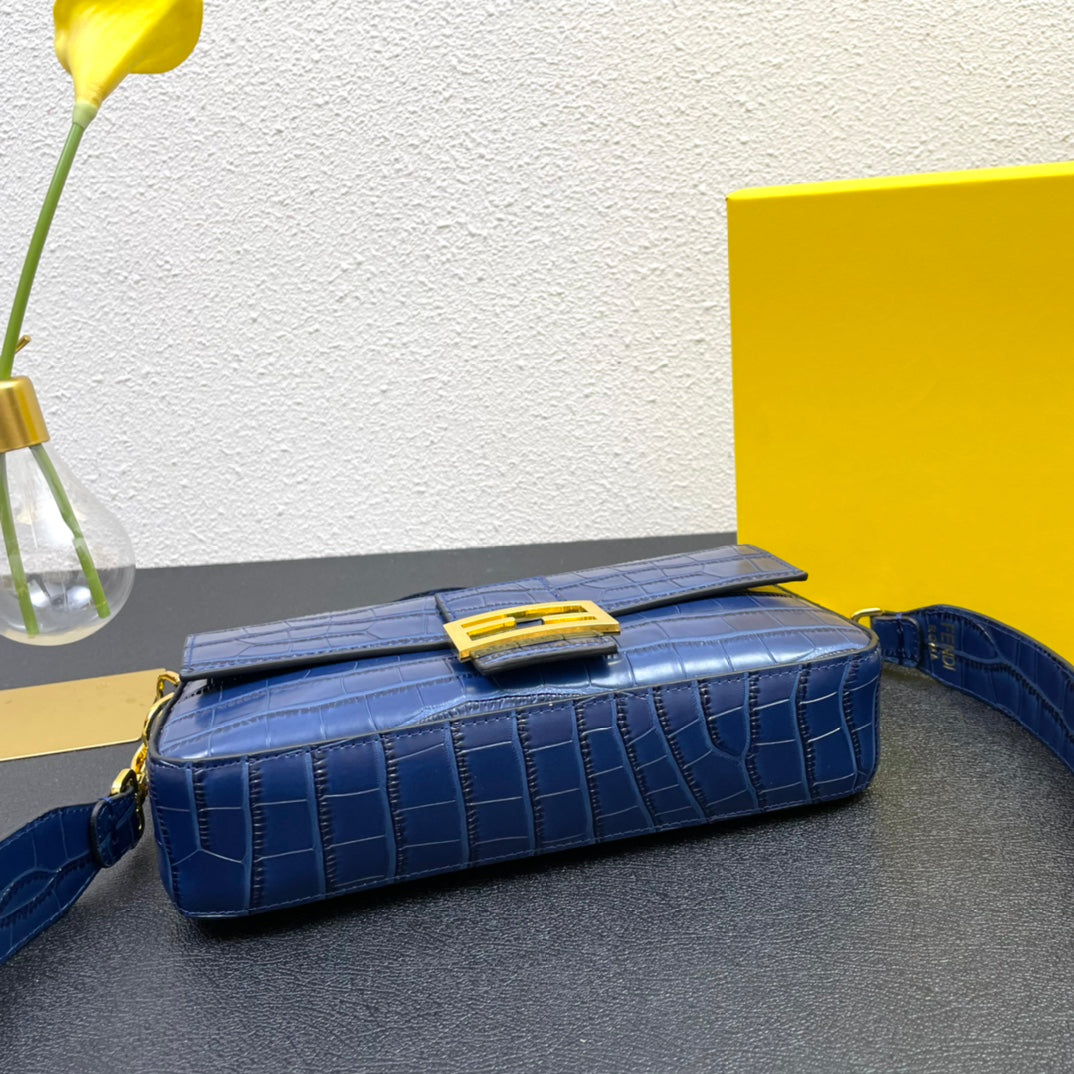 Blue Croc-Embossed Leather Baguette Handbag - Fendi Style Shoulder Bag