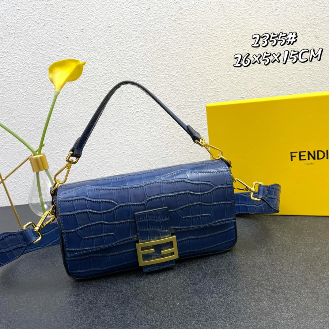 Blue Croc-Embossed Leather Baguette Handbag - Fendi Style Shoulder Bag