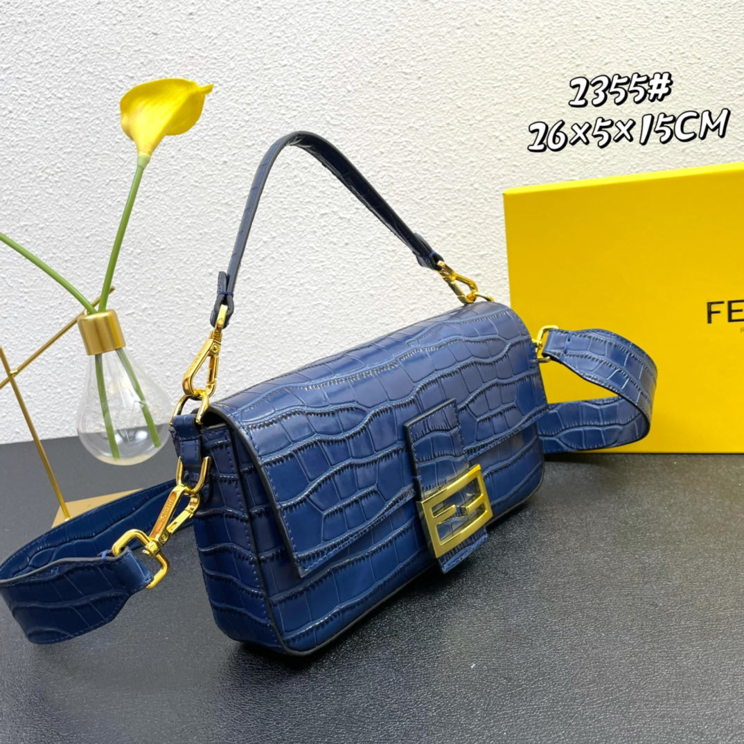 Blue Croc-Embossed Leather Baguette Handbag - Fendi Style Shoulder Bag
