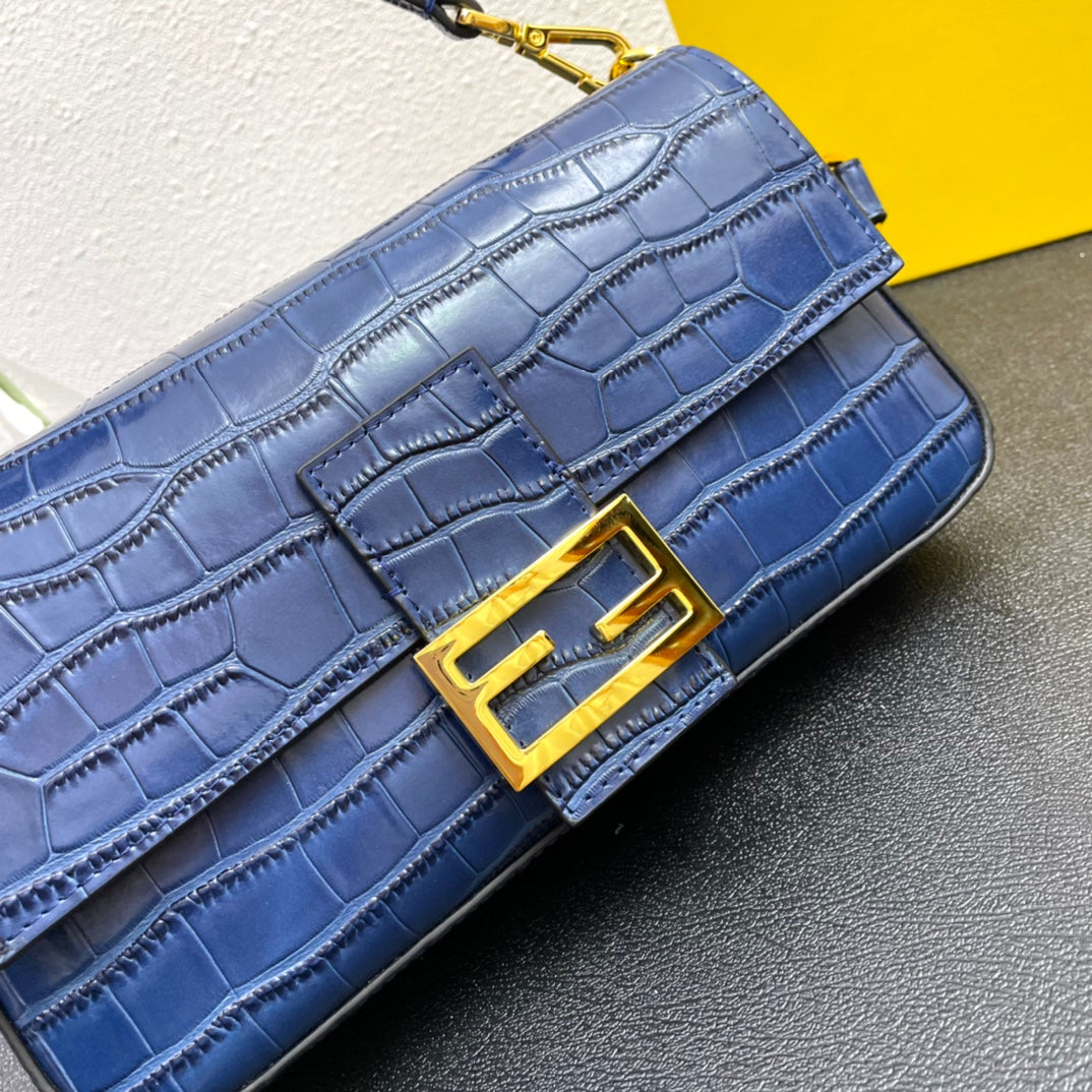 Blue Croc-Embossed Leather Baguette Handbag - Fendi Style Shoulder Bag