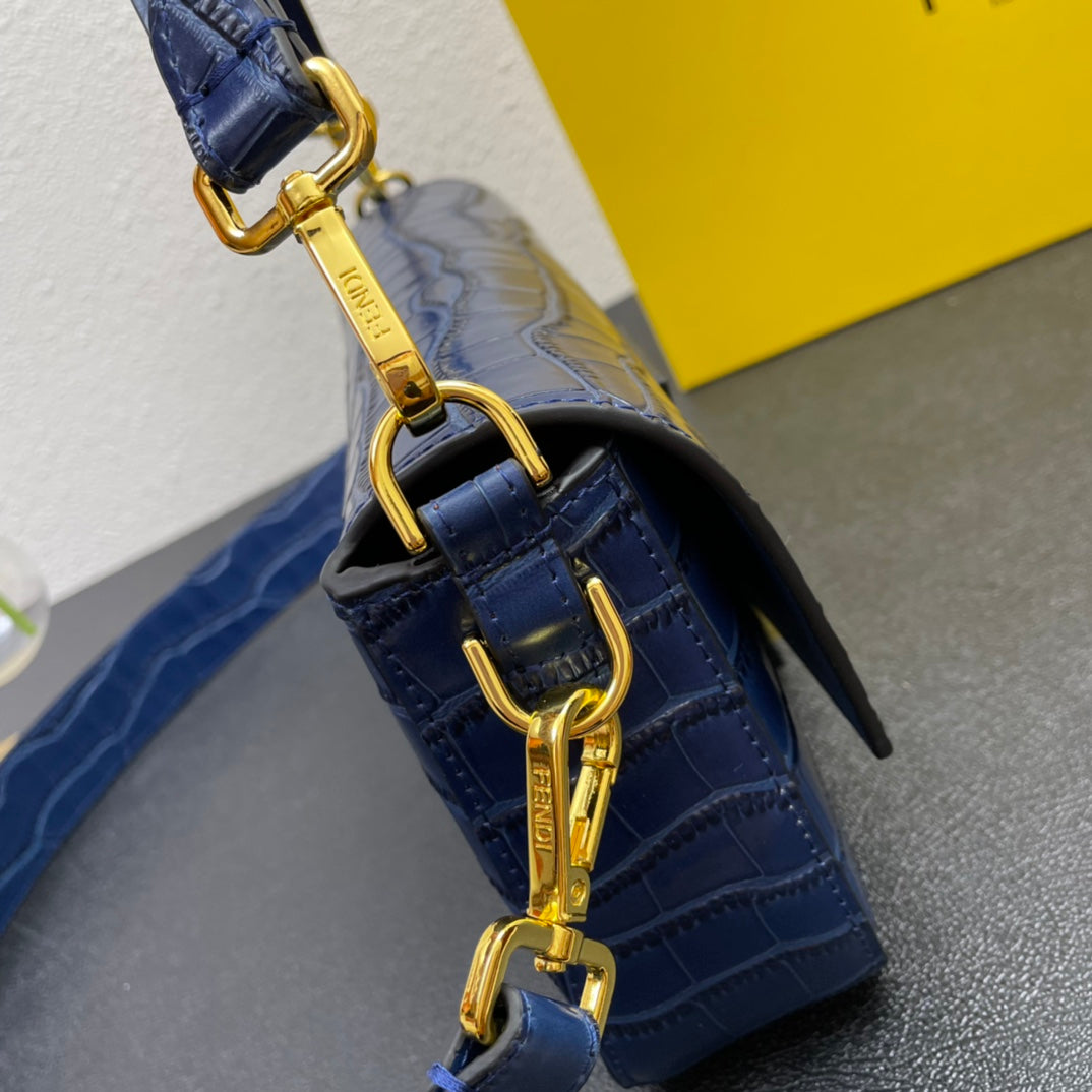 Blue Croc-Embossed Leather Baguette Handbag - Fendi Style Shoulder Bag