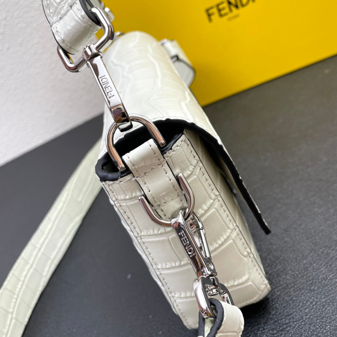 Fendi White Textured Leather Baguette Bag with Silver Hardware