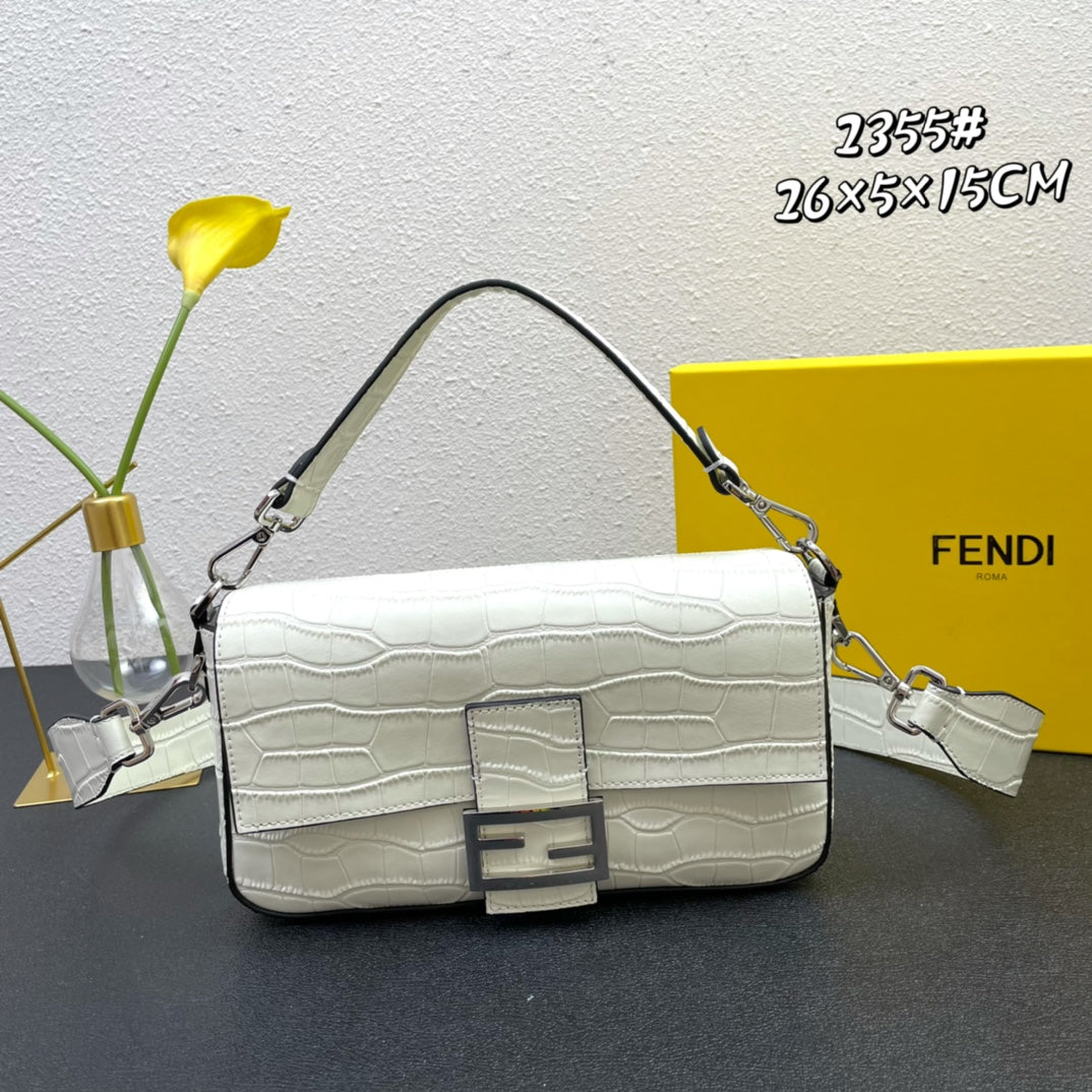 Fendi White Textured Leather Baguette Bag with Silver Hardware