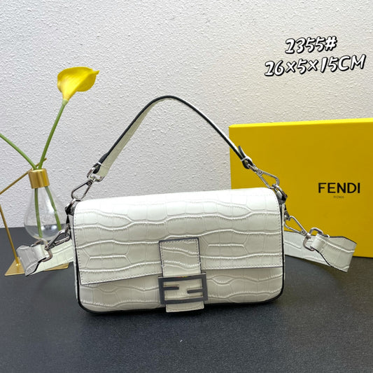 Fendi White Textured Leather Baguette Bag with Silver Hardware