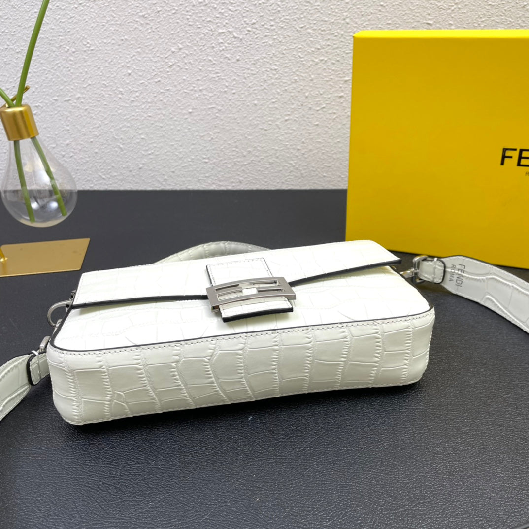 Fendi White Textured Leather Baguette Bag with Silver Hardware
