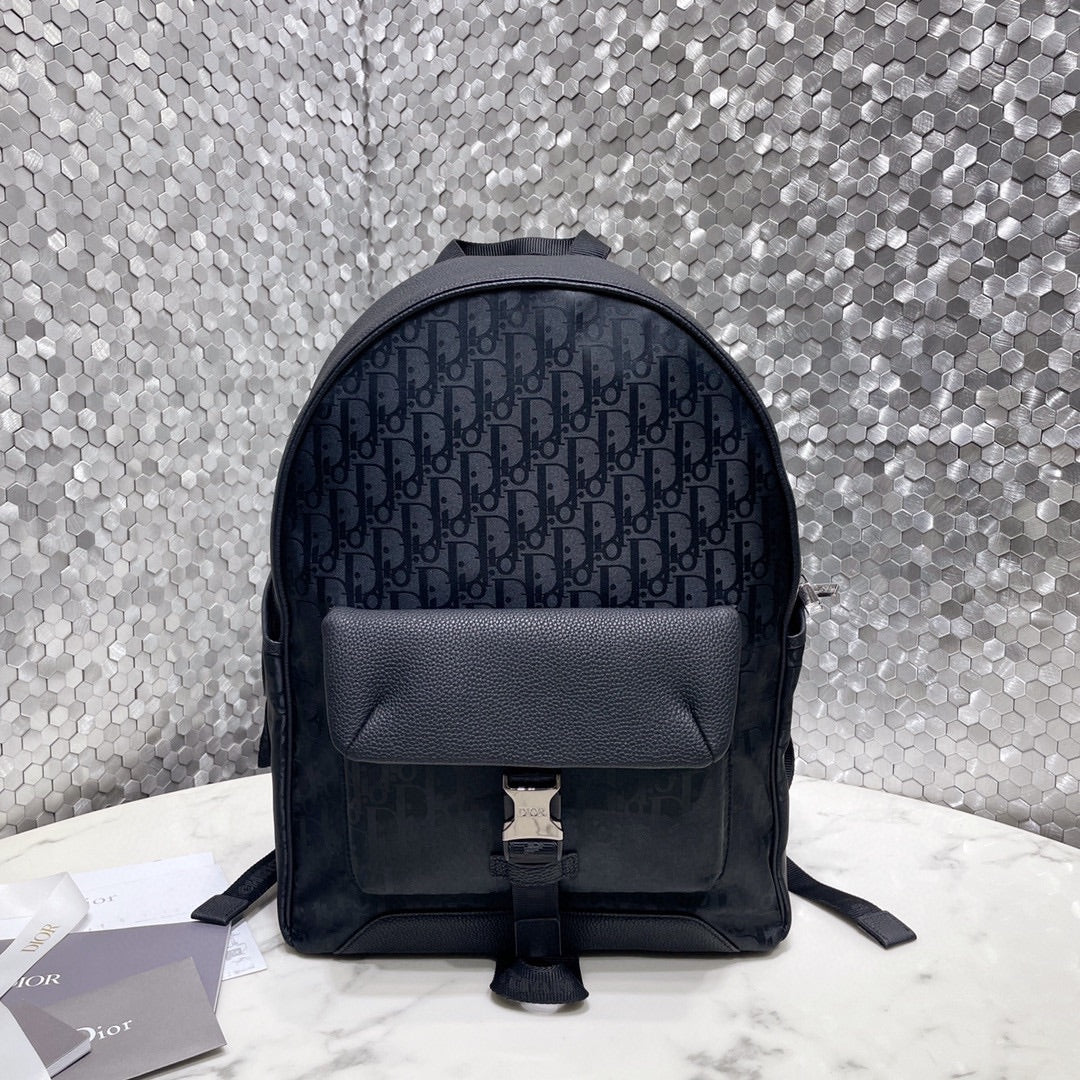 Dior Navy Blue Monogram Canvas Backpack with Buckle Front Flap