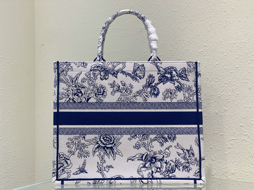 Dior Blue and White Floral Toile Embroidered Canvas Tote Bag